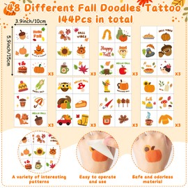ANGOLIO 24Pcs Welcome Fall Doodles Temporary Tattoos for Kids - Autumn Animal Leaf Doodles Body Art Stickers, 2 Inch Non-Toxic Waterproof Seasonal Decals, Fall Party Favors Classroom Activity Supplies