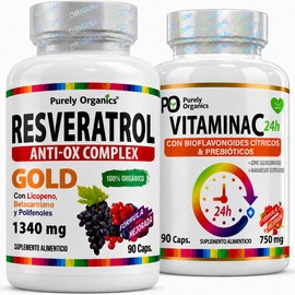 Purely Organics  Combo Resveratrol Gold 1340 mg  Vitamina C 750 mg  Apoyo Antioxidante e Inmunológico  90 cápsulas cu                                 
