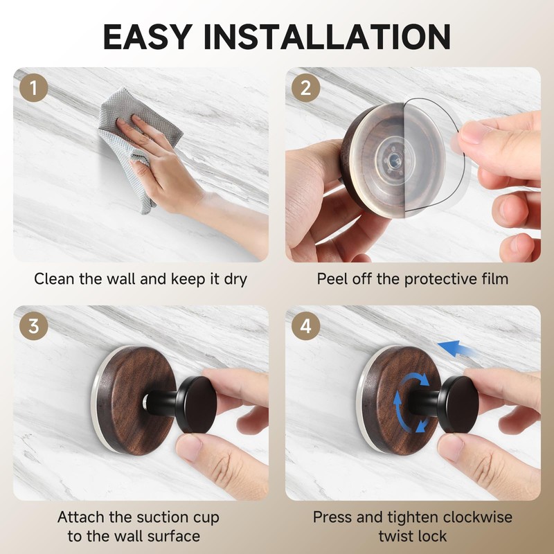 SEIUCAN Walnut Suction Cup Hooks - Waterproof No Drill Removable