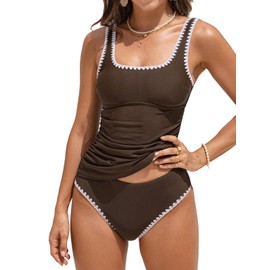 CUPSHE Women's Tankini Sets Two Piece Swimsuit Square Neck Stitching Bathing Suit Ruching Adjustable Wide Straps, L Brown