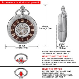 Silver Men's Pocket Watch Mechanical Hand-Wind Steampunk Wood Grain Hollow Classic Design with Chain & Box