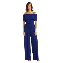 R&M Richards Elegant Off-the-Shoulder Ruched Bodice Jumpsuit W/Rhinestone Straps & Wide Legs