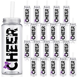 Pickmesh 24 Pcs Cheerleading Gift Cheerleader Tumbler Cups with Lid and Straw, 14 oz Reusable Plastic Cheer Water Bottle, Cheerleader Gifts Bulk for Women Girl Team(Purple)