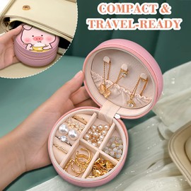 MAYCARI Small Portable Travel Jewellery Box, Cute Pig Pattern Mini Leather Jewellery Box Organiser for Rings Earrings Necklace Bracelets Jewelry Gift for Women Girls Kids Men(Pink)