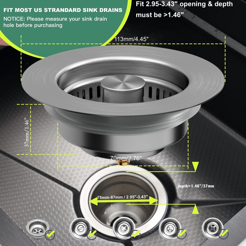 Kitchen Sink Drain Strainer 3 in 1, 304 Stainless Steel