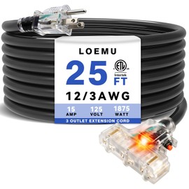 LOEMU 25FT 12 Gauge Outdoor Extension Cord with Multiple Outlets Black