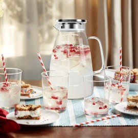 Aofmee Glass Pitcher, 68oz Water Pitcher with Lid and Precise Scale Line, 18/8 Stainless Steel Iced Tea Pitcher, Easy Clean Heat Resistant Borosilicate Glass Jug for Juice, Milk, Cold or Hot Beverages