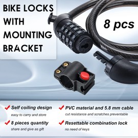 Hotop 8 Pcs Bike Locks Bulk High Security 4 Digit Heavy Duty Bicycle Cable Locks with Mounting Bracket 4 Ft Resettable Coiling Bike Lock with Combination, 1/2 Inch Diameter(Black)