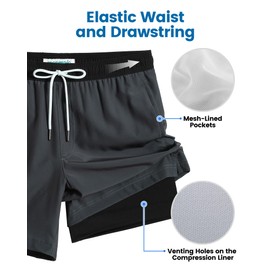 maamgic Mens Swim Trunks with Compression Liner 7 Inch Inseam Mens Bathing Suit Quick Dry Swimming Trunks Swimsuit Dark Grey and Black Large