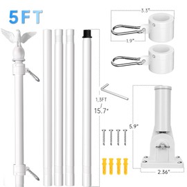 LETSTRY 5FT Flag Pole Kit for Outside House with Solar Light, 1" Thickened Stainless Steel with Adjustable Bracket, Wall Mount Flagpole for 3x5 American Flags for Outdoor, Residential, Porch (White)