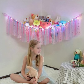Stuffed Animals Net or Hammock with LED Light, Toy Hammock Net with Tassels Hanging Stuffed Animals Storage Holder Room Décor for Nursery Kids Bedroom (Pink)