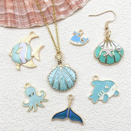 Zayookey 12 PCS Ocean Themed Charms, Sea Animals Bracelet Charms for Jewelry Making Small Gold Enamel Summer Beach Charms Pendants for Necklace Earring