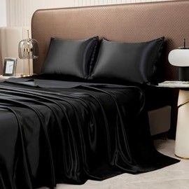 JUWENIN Silky Soft Solid Matte-Satin Bed Sheet Sets Shiny-Free,Deep Pocket (King, Black)