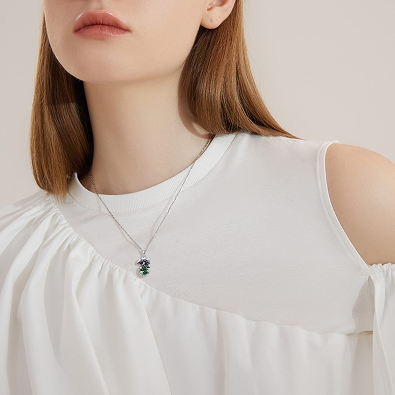 YAFEINI Mushroom Necklace Moss Agate Sterling Silver Mushroom Pendant Mushroom