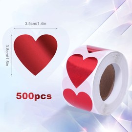 KINBOM 1 Roll/ 500pcs Heart-Shaped Stickers, Valentines Day Heart Love Stickers Self-Adhesive Red Glitter Heart Sticker for Wedding Anniversary Party Decor(3.8cm/1.5 Inch)