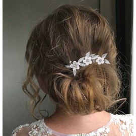 Jeairts Bride Flower Wedding Hair Comb Silver Leaf Bridal Headpiece Rhinestone Hair Side Combs Floal Hair Accessories for Women and Girls
