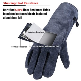OZERO 14-inch Welding Gloves: Fire 500℃ Heat-Resistants Leather BBQ Gloves Long Sleeve and Insulated Lining Arm Protection for Welder Forge Fireplace Wood Stove Black - grey Large Fireproof Glove