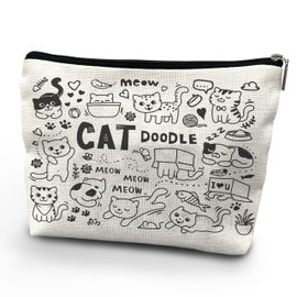 NATSUNO Cat Makeup Bag,White Makeup Bag,Cat Gifts,Cat Cosmetic Bag,Cat Gifts For Women,Cute Makeup Bags,Cat Gifts For Cat Lovers,Cat Doodle Gifts,Gifts For Cat Lovers,Cat Mom Gifts