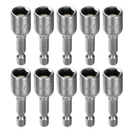 sourcing map 10pcs Hex Nut Driver Drill Bit 3/8" 6-Point Socket 1/4" Hex Shank Magnetic Nut Setter CR-V Steel Quick-Change Nut for Power Drills Impact Drivers, Silver Tone