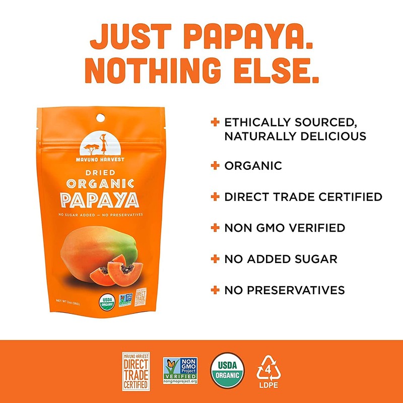 Mavuno Harvest Direct Trade Organic Dried Fruit, Papaya, 6 Count