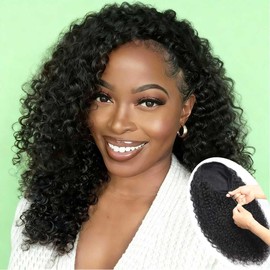 Srakuw Half Wig Human Hair 200 Density Water Wave Wear Go Glueless Wigs Human Hair with Drawstring 3 In 1 Half Wigs for Women Invisible Hairline Beginner Friendly (Half Wig Black Color, 18 Inch)