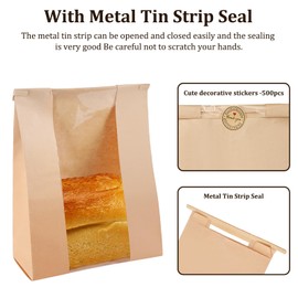 Dualshine 100 Pcs Bread Bags for Homemade Bread Sourdough Bags Paper Kraft with Window 14" x 8.3" x 3.5" with Tin Strip and 500 Pcs Seal Stickers for Cookies Coffee Beans and Bakery