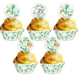 Eucalyptus Birthday Cupcake Kit - 48 Pieces Total - 24 Birthday Cupcake Toppers and 24 Cupcake Wrappers - 40th 50th 60th Birthday Supplies - Greenery Birthday Decorations - Birthday Cupcake