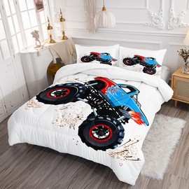 DYcolor 3D Cartoon Road Racing Truck Printed Quilt, 3-Piece Extreme Sports Truck Themed Comforter Set with 1 Comforter and 2 Pillow Cases for Kids, Teens, Boys (Queen, 02)