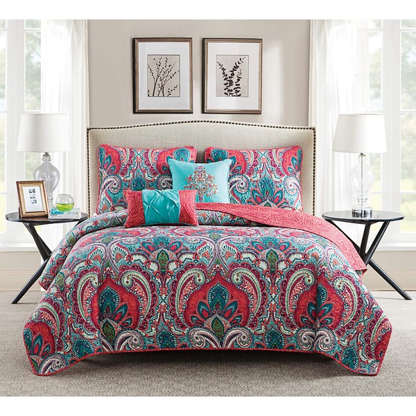 VCNY Home - Full Quilt Set, 5-Piece Bedding with Paisley Reversible Quilt, Stylish Room Decor (Casa Re'al Pink/Turquoise, Full/Queen)
