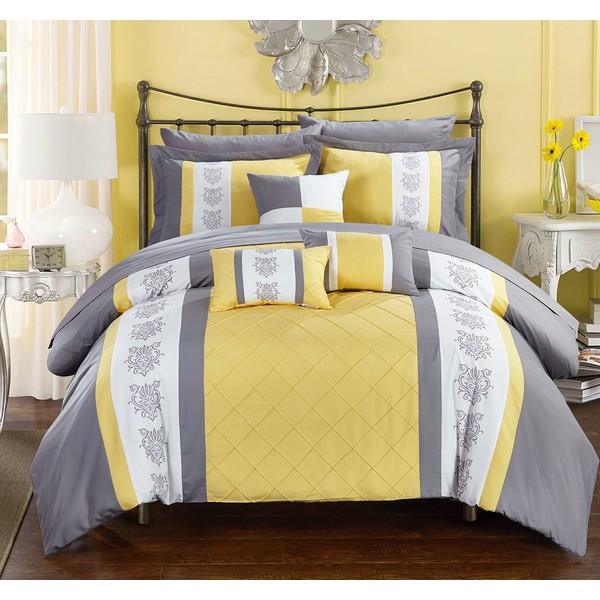 Chic Home 10 Clayton Pintuck Pieced Color Block Embroidery King Bed in a Bag Comforter Yellow with Sheet Set