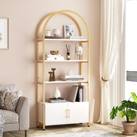 GarveeHome Gold Bookshelf, Arched Book Shelf with Studry Metal Frame and Quality Board, Modern Bookcase with 4-Tier Open Shelves for Living Room, Bookshelf with Doors Storage,71.5" Tall Book Shelf