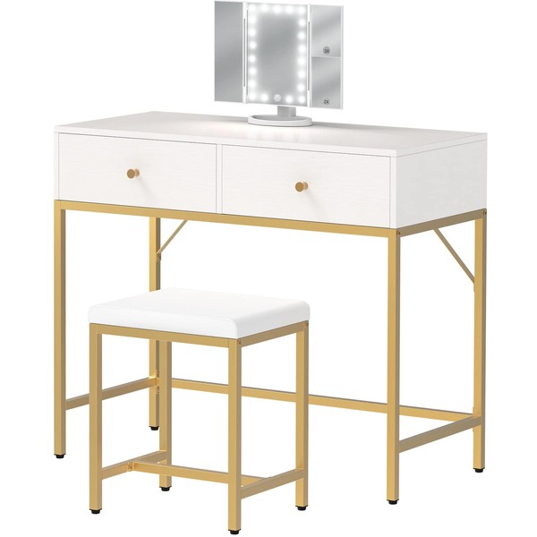 SUPERJARE Vanity Desk, Makeup Vanity with Stool & Tri-fold Lighted Mirror, Vanity Table Set with 2 Large Drawers - White and Gold