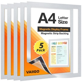 VAIIGO A4 Magnetic Display Frame for Fridge, 5Pack Magnetic Sign Holder, Picture Display Frame Document Paper Holder for Fridge Whiteboards and Metal Surfaces, Silver