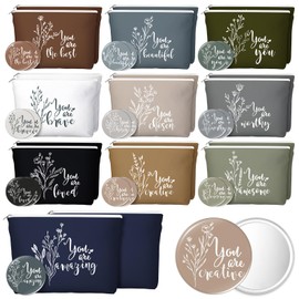 Vercraft 40 Pcs Employee Appreciation Gifts 20 Inspirational Canvas Makeup Bags 20 Compact Mirrors Bulk Cosmetic Bags Round Portable Pocket Mirror Thank You Gifts for Women (Boho)
