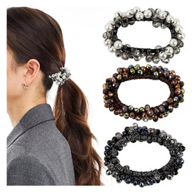 Framendino, 3 Pack Small Pearl Hair Elastic Ties Scrunchies Rhinestone Beaded Ponytail Holder for Women