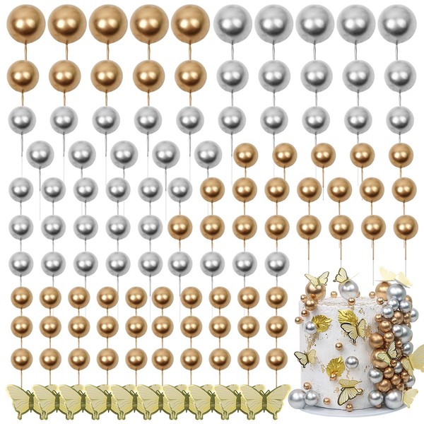 Acmee - 115 decoraciones para tartas de bolas, mini globos de mariposa, decoración de pasteles de espuma, para cupcakes, decoración de tartas para fiestas de cumpleaños, bodas, baby shower, color dorado, plateado