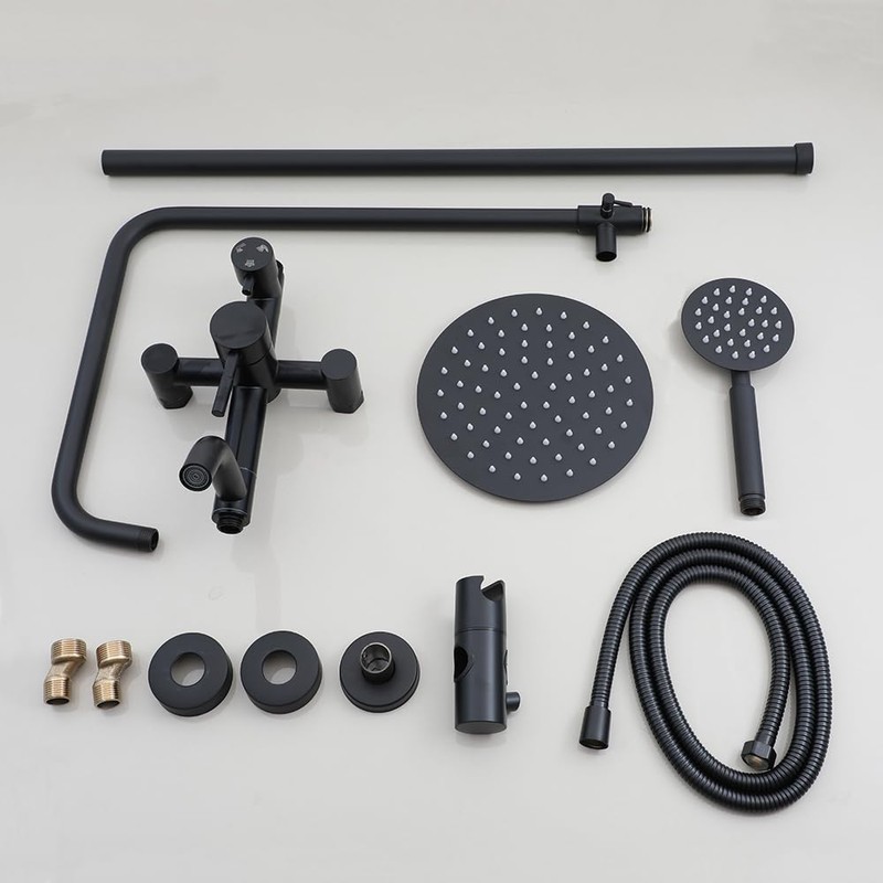 Washly 8" Black Rain Shower Faucet Set Round Jets Handheld