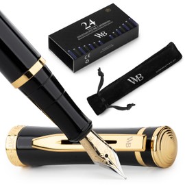 Wordsworth & Black Fountain Pen Set, 18K Gilded Extra Fine Nib, Includes 24 Pack Ink Cartridges, Ink Refill Converter & Gift Pouch, Gold Finish, Calligraphy, [Black Gold], Perfect for Men & Women