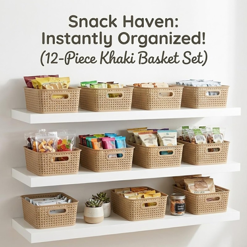 Khaki Stackable Storage Baskets, Plastic Weave Basket Organizer and Storage