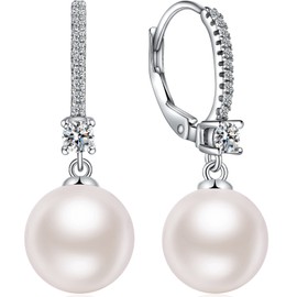 jiamiaoi Women's Pearl Earrings, 925 Silver, Hoop Earrings with Pearls, Pendant Pearl Earrings, Silver Pendant, Real Pearl Earrings, for Girls, 8 - 10 mm, Silver, 10 mm