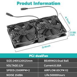 High-Performance Dual 120mm Fans with Adjustable Speed Control, DC 12V Powered with AC 110V-240V Adapter, for Cabinet, Chassis, Server, and Workstation Cooling