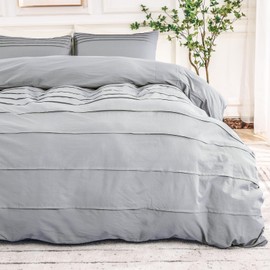 NEXHOME PRO 100% Organic Cotton Duvet Cover Queen Size, Linen Pleated Textured Duvet Cover Set Light Grey, 3pc Bedding Set with Zipper Closure, Soft, Lightweight and Breathable 90"x90", No Comforter