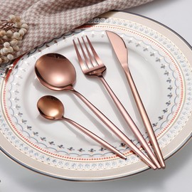 Kyraton Rosegold Cutlery Set 16 Pieces, Stainless Steel Flatware Set, Titanium Plating Rosegold Silverware Set Strong Anti Rust, Dishwasher Safe, Tableware Set Serving 4 People.