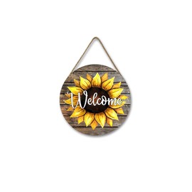 VGRDTW Welcome Sign Wooden Round Sunflower Wall Decor with "Welcome" Design for Home Garden Front Door Hallway Living Room 30x30cm