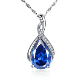 MABELLA Sterling Silver Simulated Blue Sapphire Gem Birthstone CZ Pendant Necklace Large AAA Cubic Zirconia Jewelry, for Women