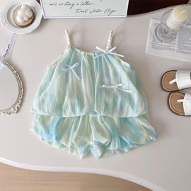 HEOXIN Baby Girl Infant Toddler Clothing Sets, 2 Piece Kids Mesh Bowknot Decorative Suspender Sleeveless Top Stretch Shorts Pleated Loose Outfits, Summer Clothes Sets for Tiny Girls, Blue, 1-2 Years