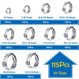 mxuteuk Pack of 115 6-28.6 mm Single Ear Hose Clamps with Ear Clamps Pliers Crimp Hose Clamps for Car, Home, Device, Pipe, Fuel Line, Continuous Hose Clamp with Crimp Clamps, Pliers