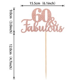 1 pieza de 60 y fabulosa decoración para tartas con purpurina, 60 y fabulosas decoraciones para tartas de feliz 60 cumpleaños para 60 aniversario de boda, fiesta de cumpleaños, suministros de decoración de tartas, color oro rosa