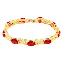 RIZILIA XOXO Link Tennis Bracelet & Oval Cut CZ [Simulated Red Ruby] in Gold Plated, 7"
