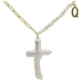 Cross Pendant Freshwater Pearls Alphabet Necklace Sterling Silver 18K Gold Plated Nail Hammered Textured Hypoallergenic (Alphabet-Q)